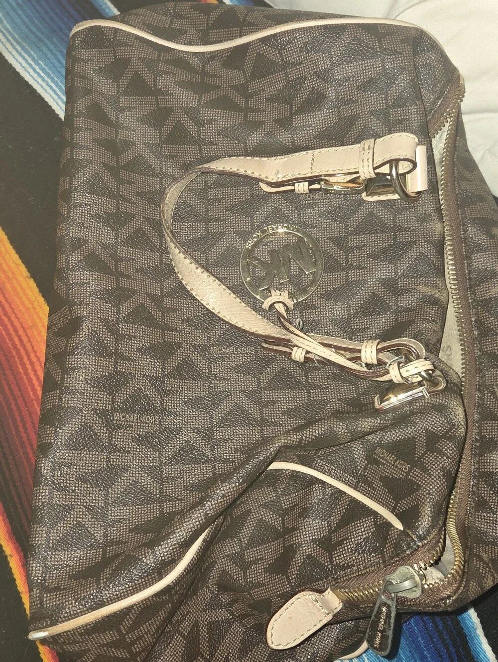 Michael Kors Dark Brown Signature Logo Shoulder Bag with Beige Trim